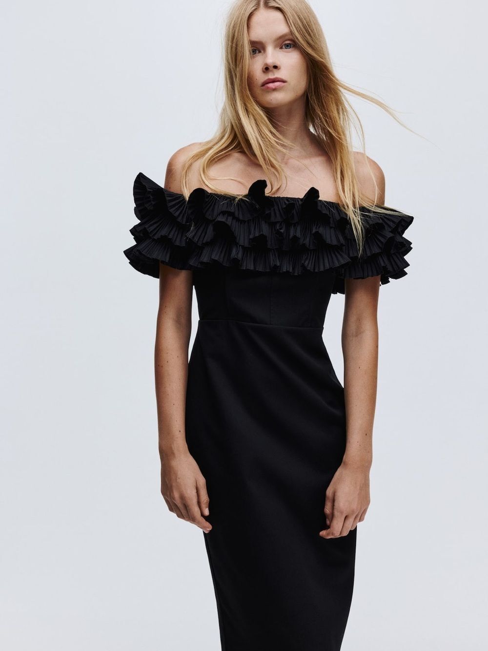 H&M Black Off Shoulder Ruffle Midi Dress Size L